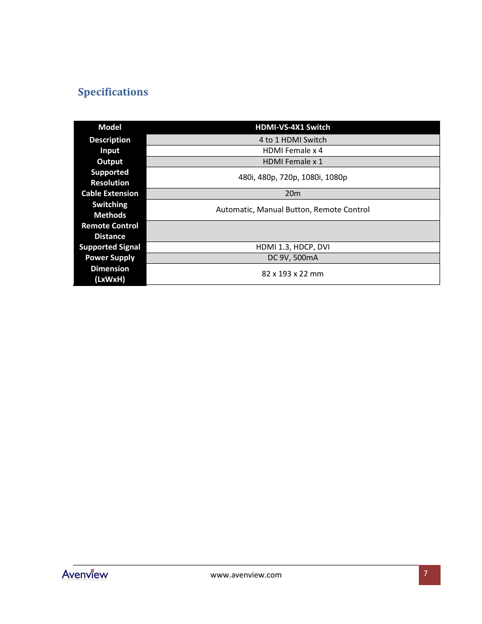 Specifications | Avenview HDMI-VS-4X1 User Manual | Page 7 / 8