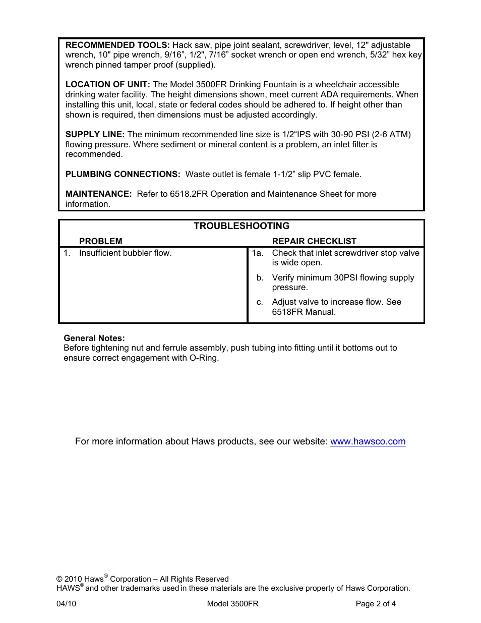 Haws 3500FR User Manual | Page 2 / 4