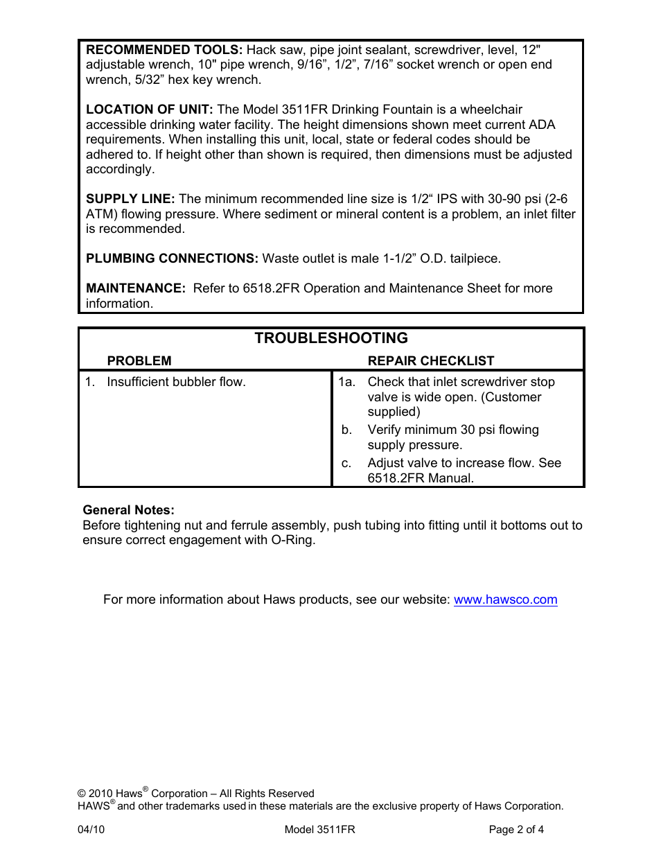 Troubleshooting | Haws 3511FR User Manual | Page 2 / 4