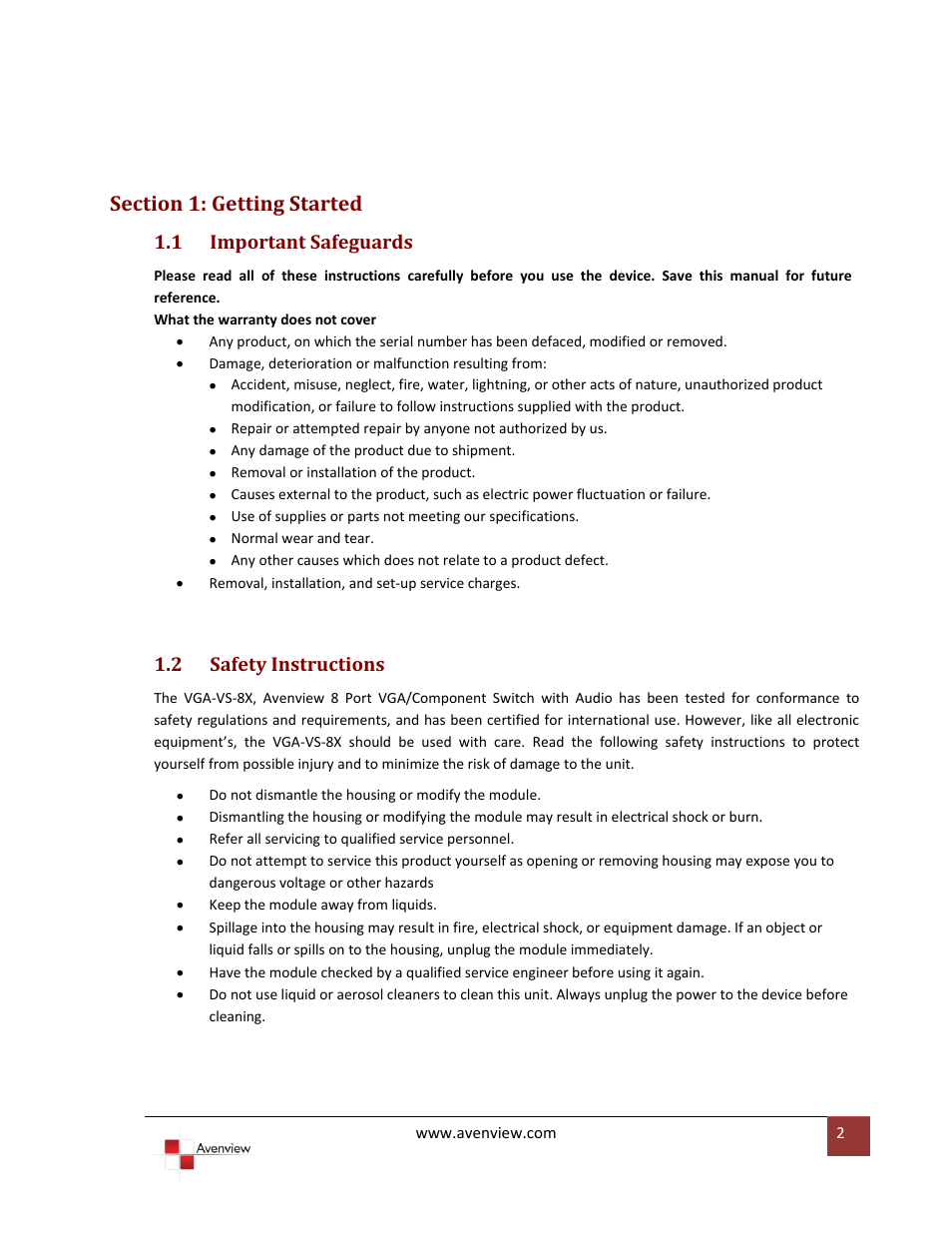Section 1: getting started, Important safeguards, Safety instructions | 1 important safeguards, 2 safety instructions | Avenview VGA-VS-8X1 User Manual | Page 3 / 10