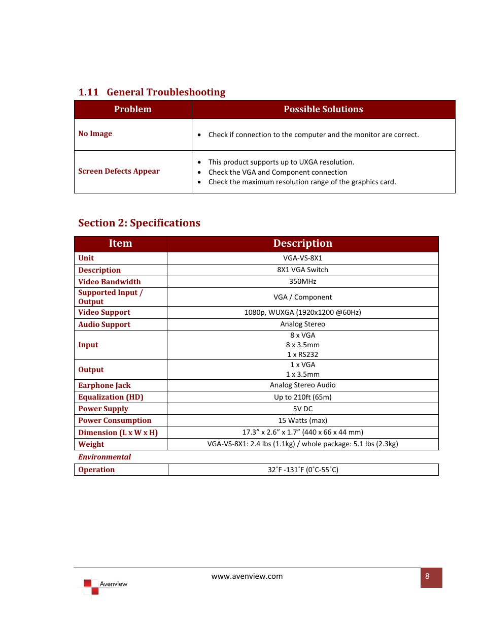 General troubleshooting, Section 2: specifications, 11 general troubleshooting | Avenview VGA-VS-8X1 User Manual | Page 9 / 10