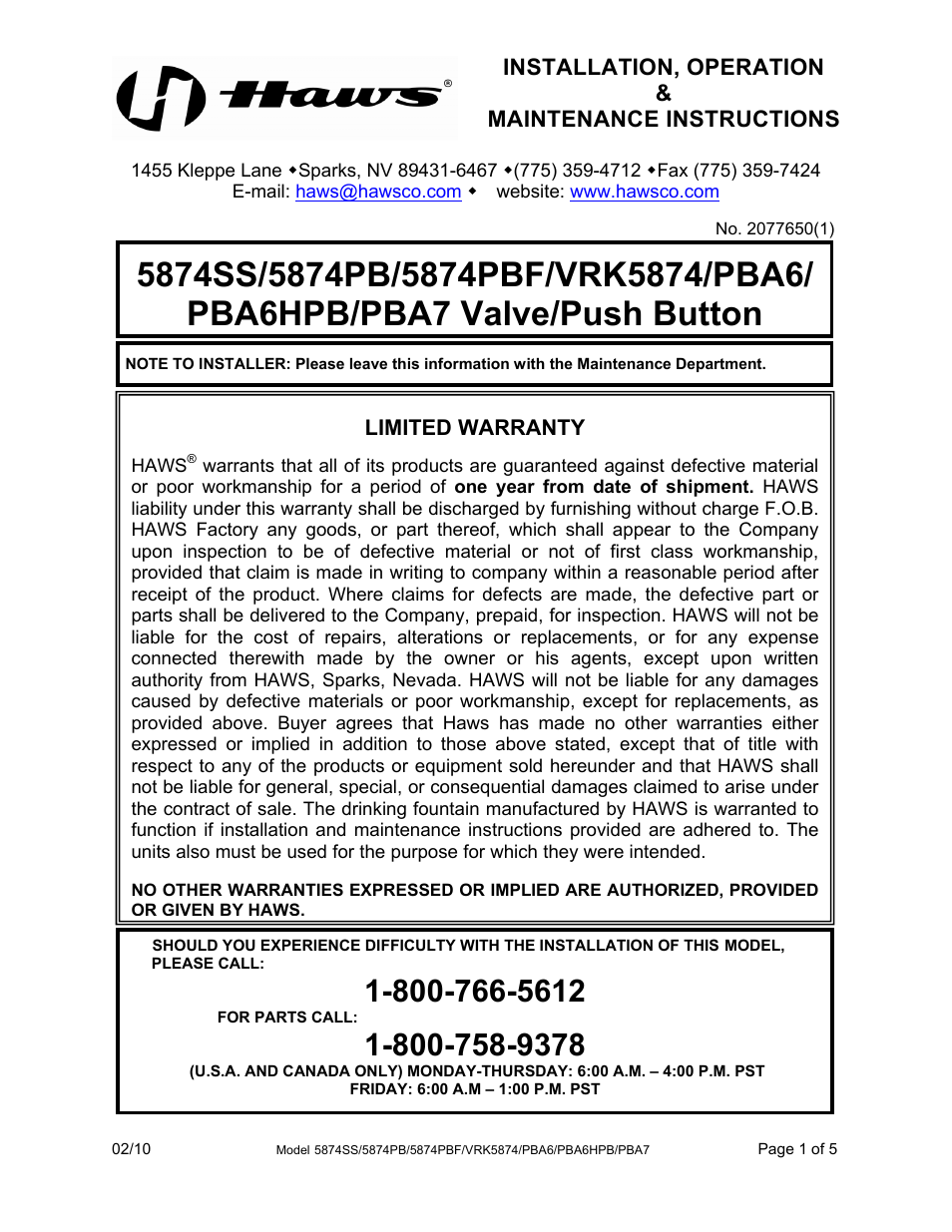 Haws PBA6HPB User Manual | 5 pages