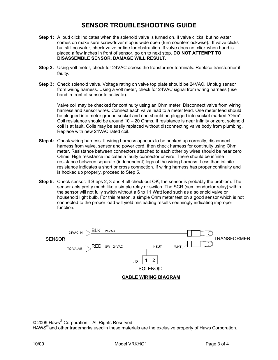 Sensor troubleshooting guide | Haws VRKHO1 User Manual | Page 3 / 4