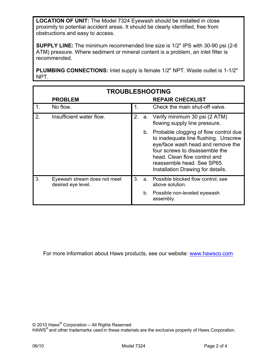 Troubleshooting | Haws 7324 User Manual | Page 2 / 4