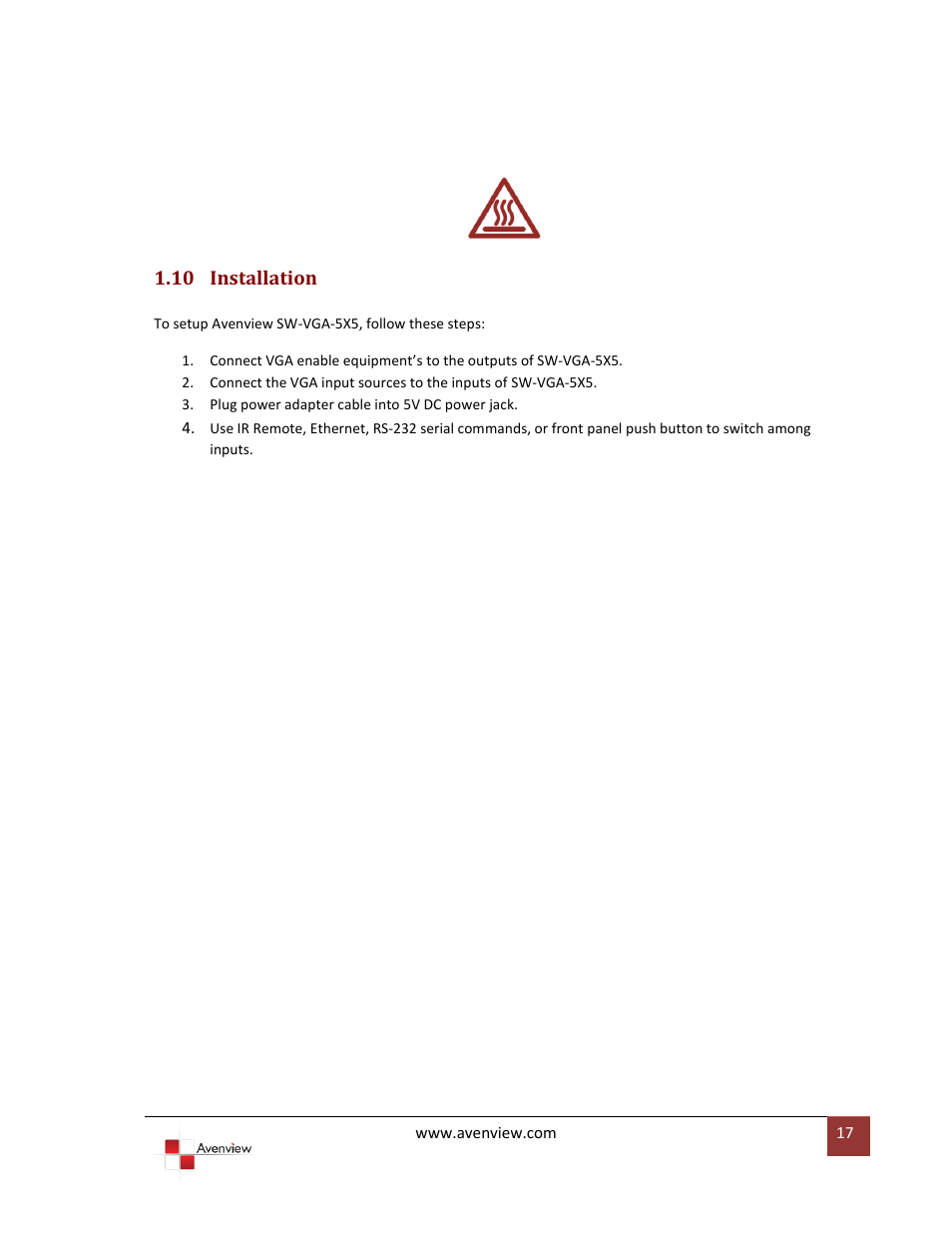 Installation | Avenview SW-VGA-5X5 User Manual | Page 17 / 19