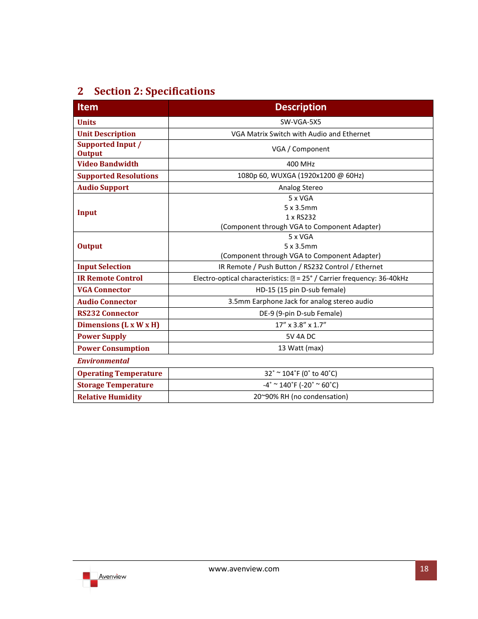 Section 2: specifications | Avenview SW-VGA-5X5 User Manual | Page 18 / 19