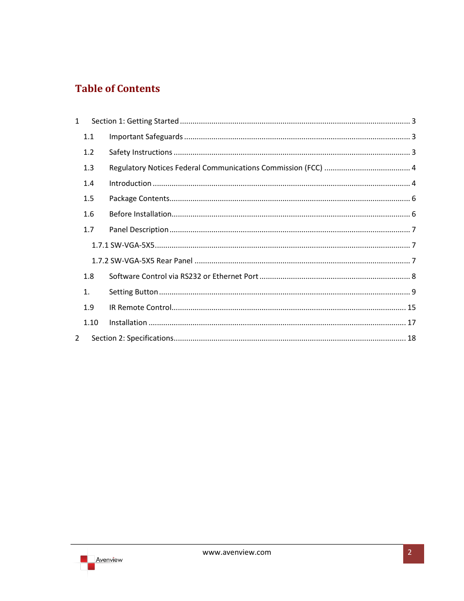 Avenview SW-VGA-5X5 User Manual | Page 2 / 19