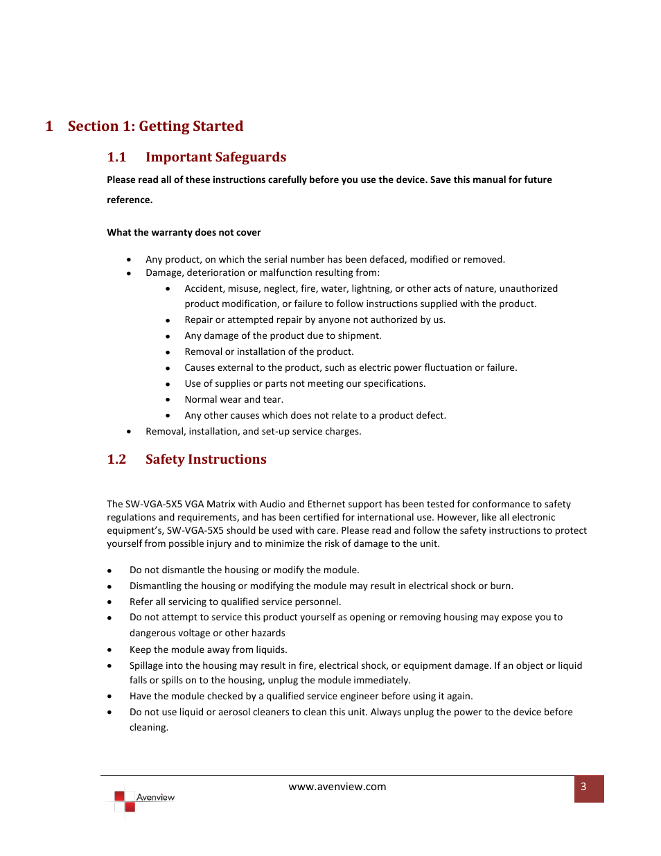 Section 1: getting started, Important safeguards, Safety instructions | 1 important safeguards, 2 safety instructions | Avenview SW-VGA-5X5 User Manual | Page 3 / 19