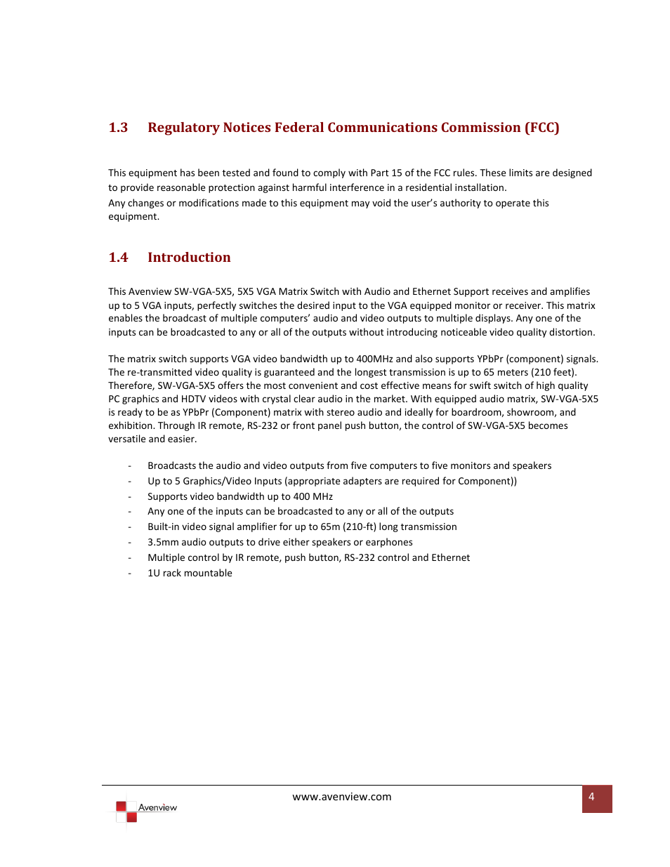 Introduction, 4 introduction | Avenview SW-VGA-5X5 User Manual | Page 4 / 19