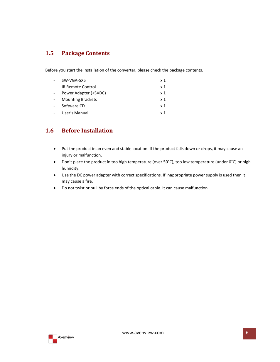 Package contents, Before installation, 5 package contents | 6 before installation | Avenview SW-VGA-5X5 User Manual | Page 6 / 19