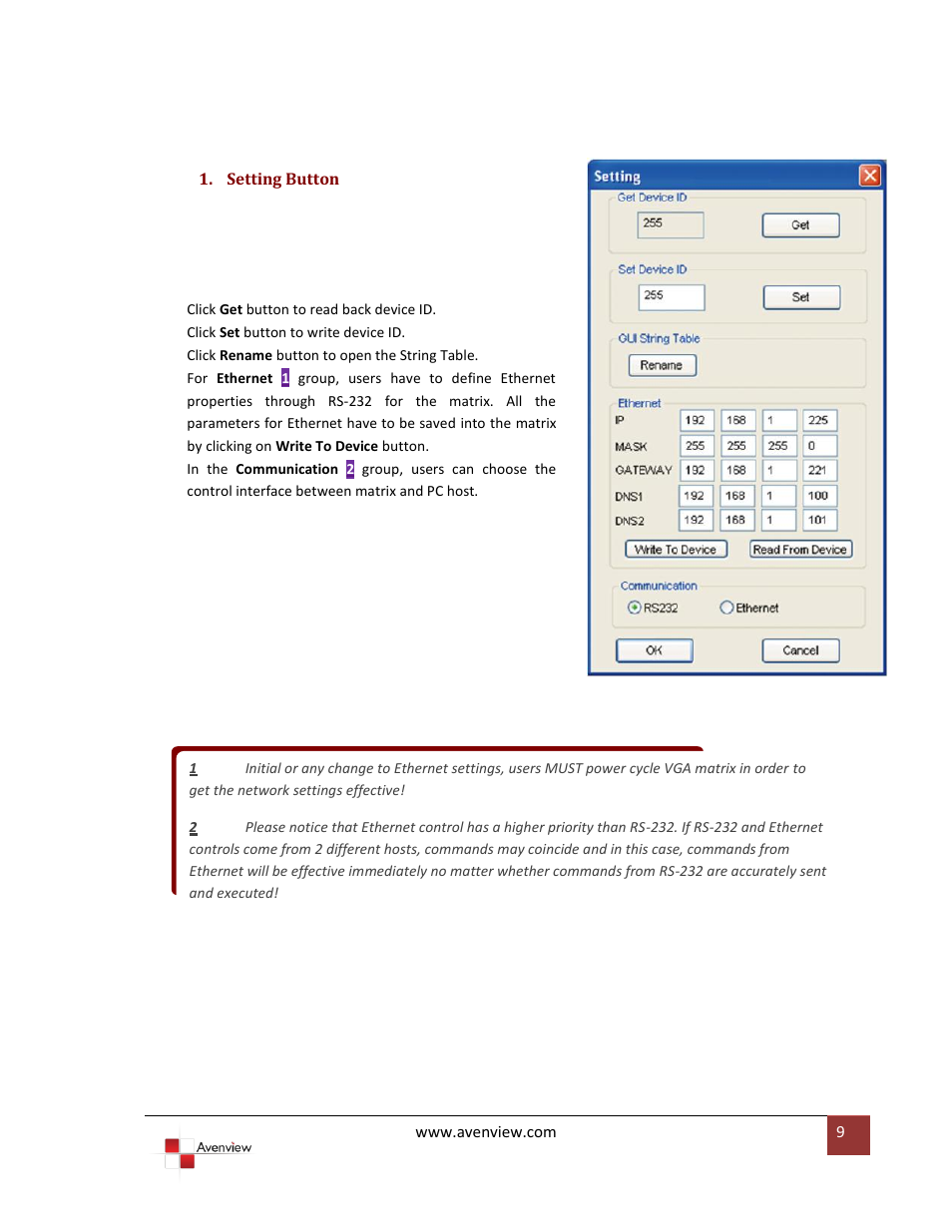 Setting button | Avenview SW-VGA-5X5 User Manual | Page 9 / 19