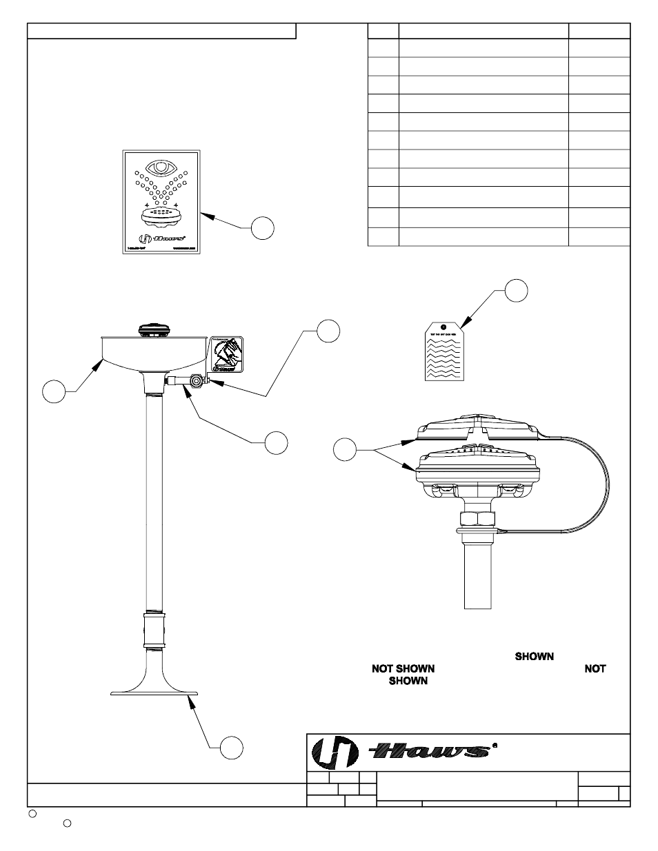 Parts breakdown, Sp65 eye/face wash assembly, 9test tag 10 l-strainer -- str. repair kit | Optional, Eye/face wash assembly, Foot treadle (not shown) | Haws 7461 User Manual | Page 3 / 4