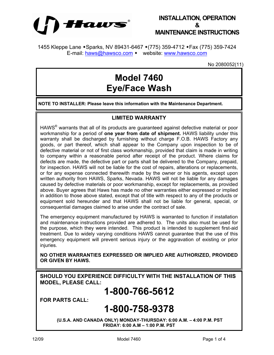 Haws 7460 User Manual | 4 pages