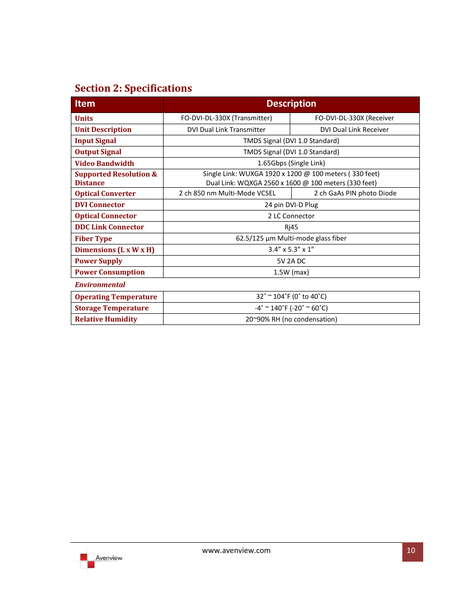 Section 2: specifications | Avenview FO-DVI-DL-330X User Manual | Page 10 / 13