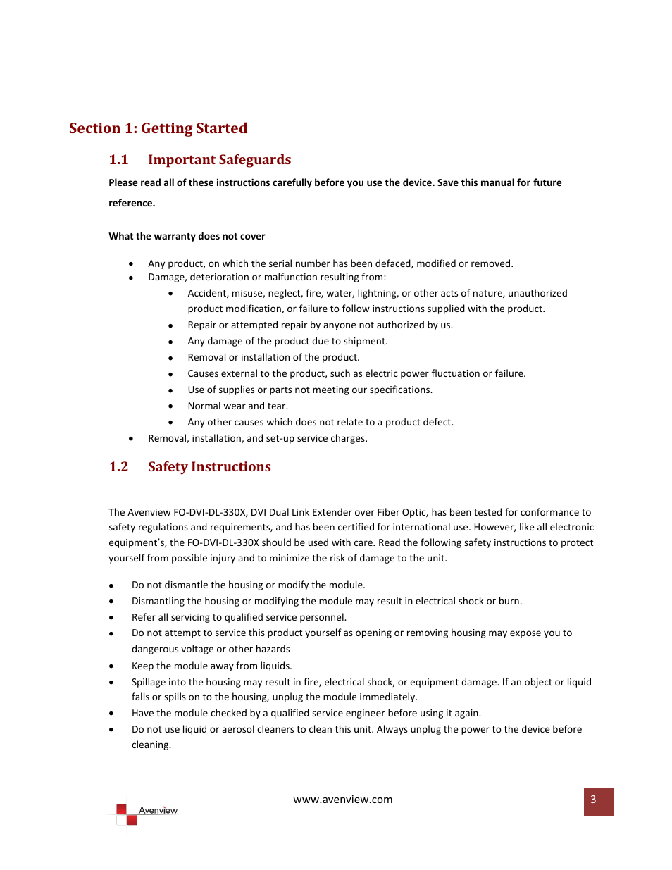 Section 1: getting started, Important safeguards, Safety instructions | 1 important safeguards, 2 safety instructions | Avenview FO-DVI-DL-330X User Manual | Page 3 / 13