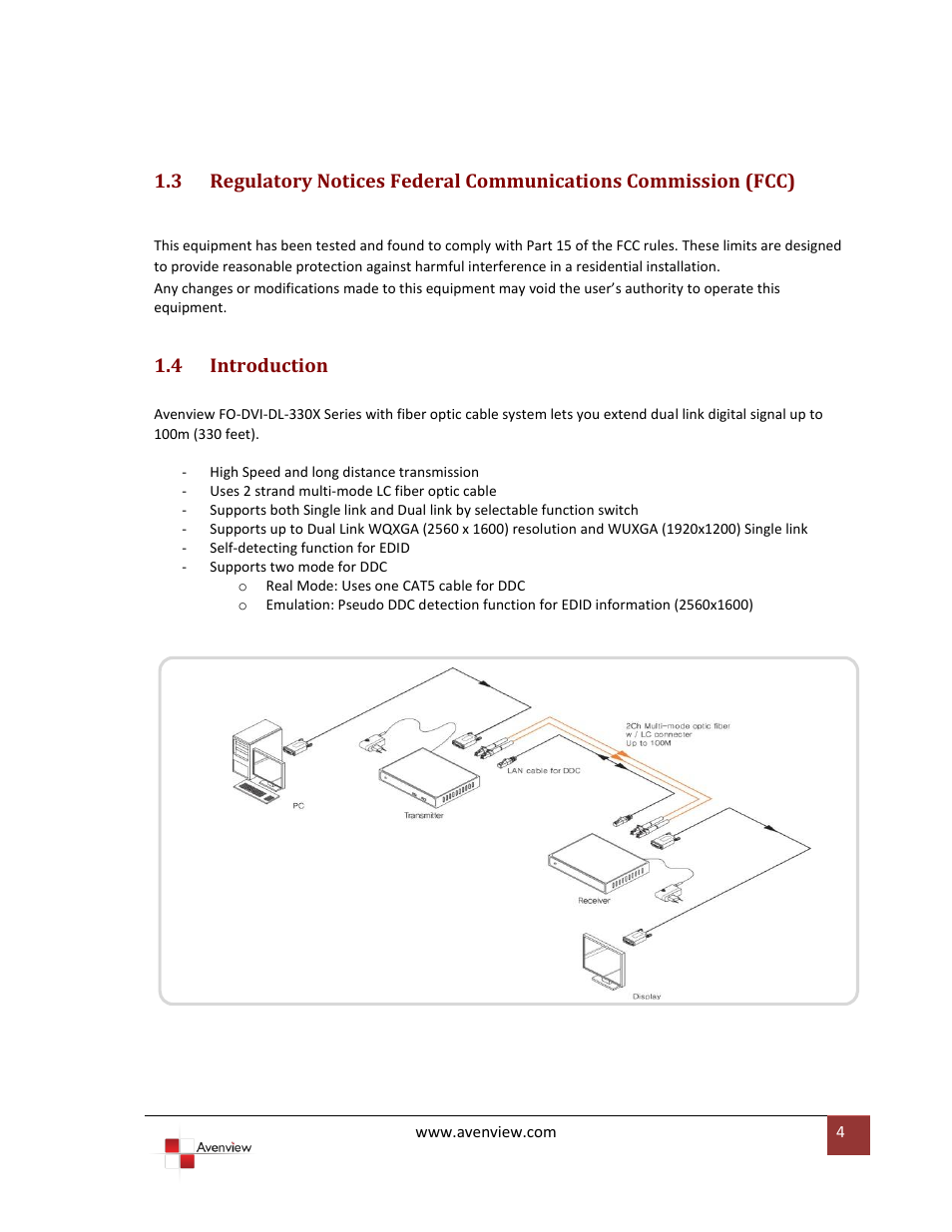 Introduction, 4 introduction | Avenview FO-DVI-DL-330X User Manual | Page 4 / 13