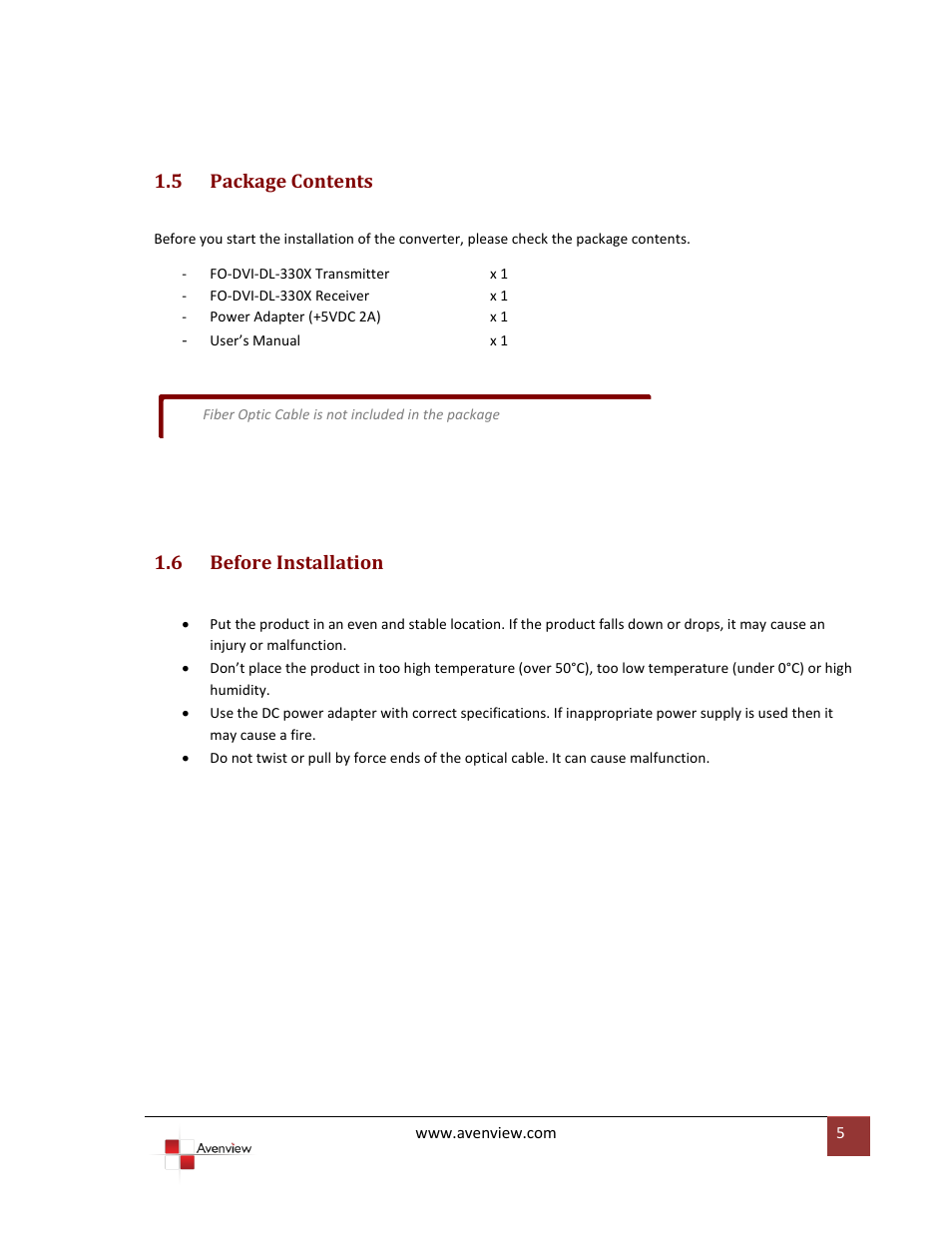 Package contents, Before installation, 5 package contents | 6 before installation | Avenview FO-DVI-DL-330X User Manual | Page 5 / 13