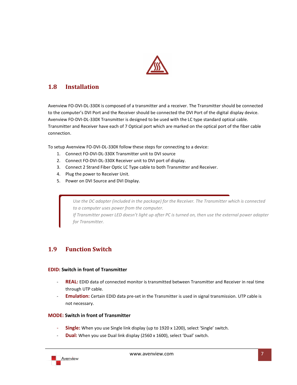 Installation, Function switch, 8 installation | 9 function switch | Avenview FO-DVI-DL-330X User Manual | Page 7 / 13