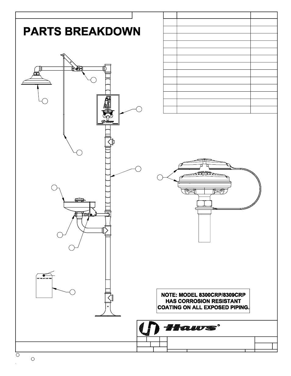 Sp65 eye/face wash assembly, Stripe tape test tag, L-strainer -- str. repair kit -- eyewash assembly | Optional, Sp62fc, Page, When ordering parts please specify model number, 4 of 5 | Haws 8309 User Manual | Page 4 / 5