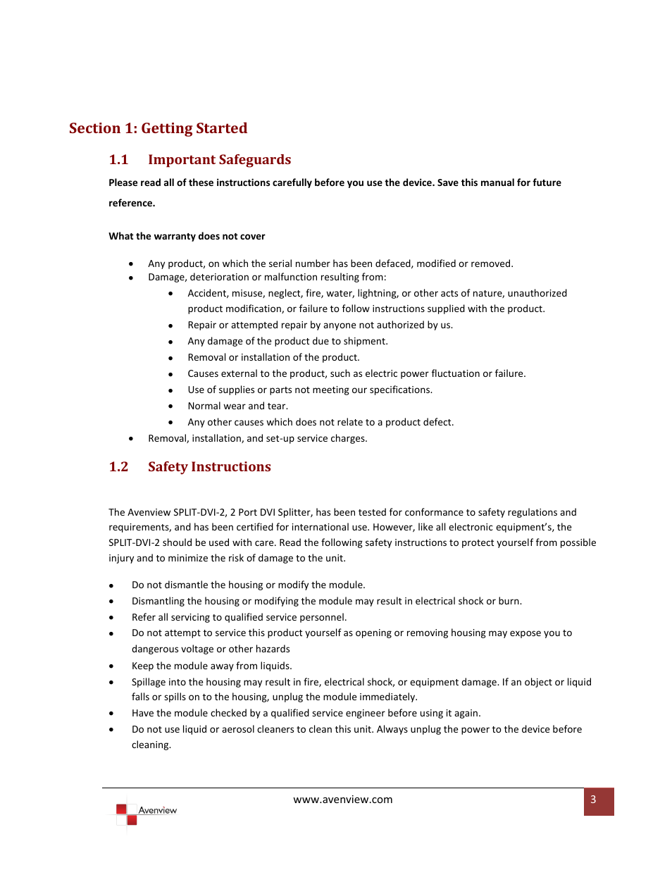 Section 1: getting started, Important safeguards, Safety instructions | 1 important safeguards, 2 safety instructions | Avenview SPLIT-DVI-2 User Manual | Page 3 / 9