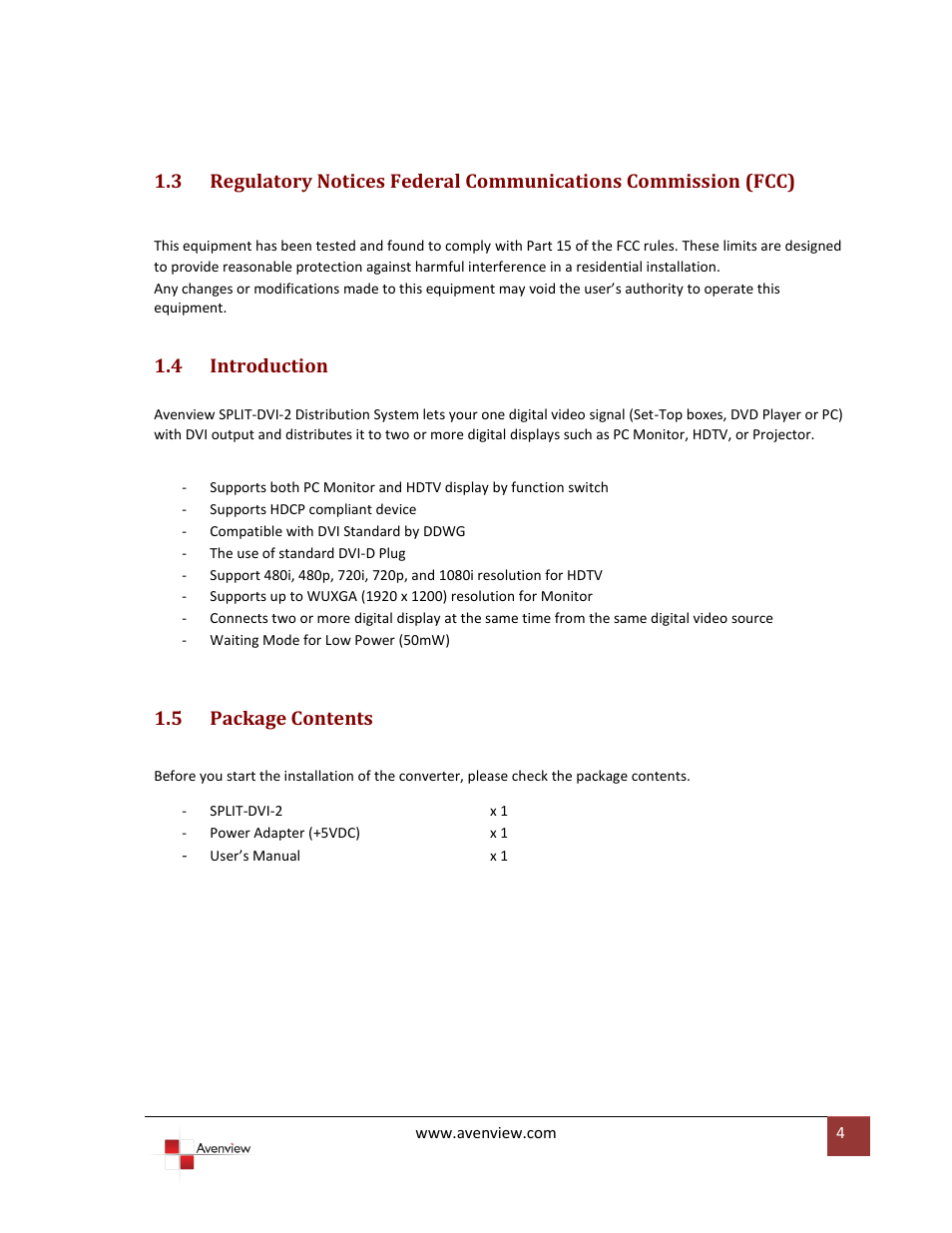 Introduction, Package contents, 4 introduction | 5 package contents | Avenview SPLIT-DVI-2 User Manual | Page 4 / 9