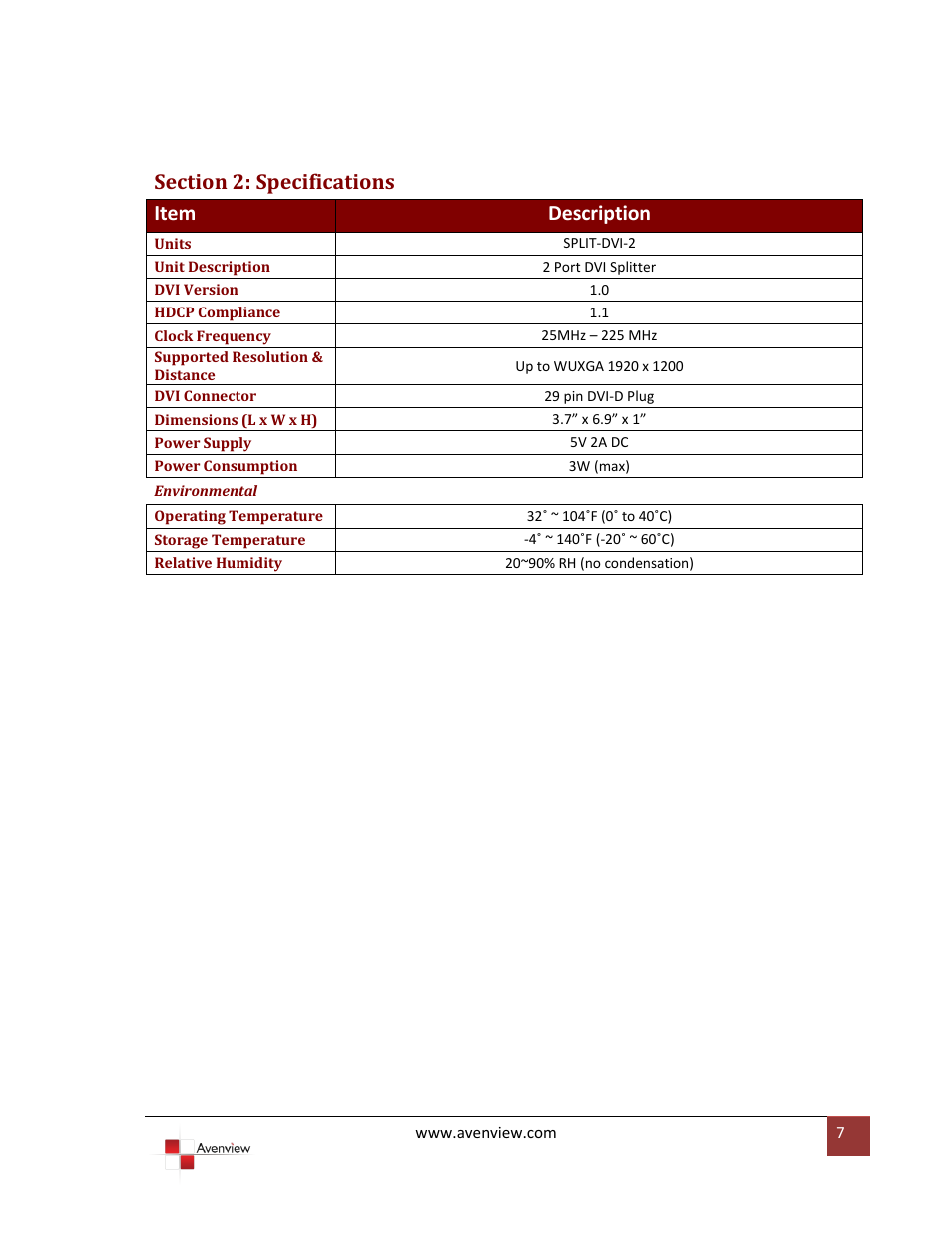 Section 2: specifications | Avenview SPLIT-DVI-2 User Manual | Page 7 / 9