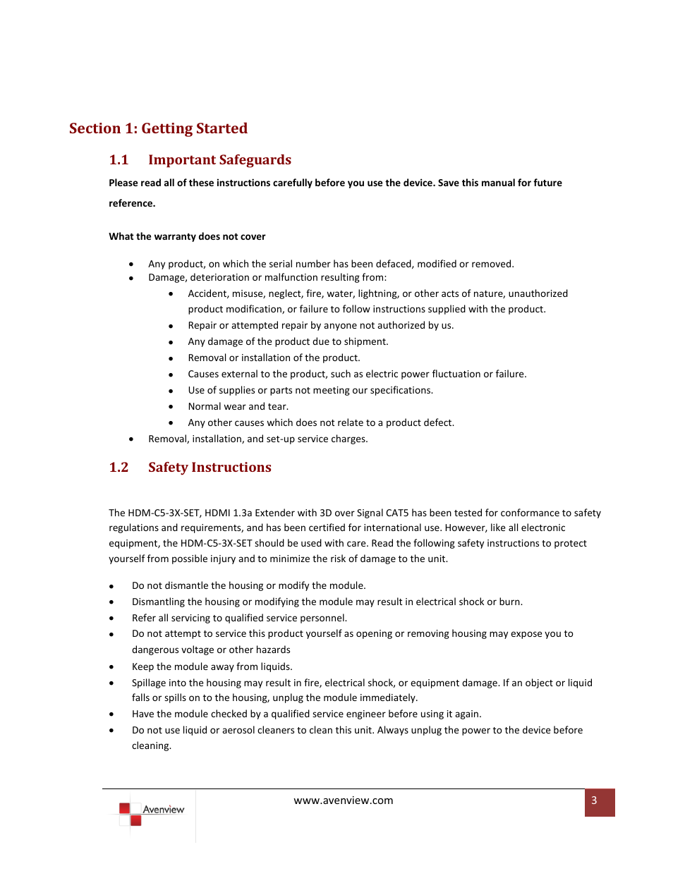 Section 1: getting started, Important safeguards, Safety instructions | 1 important safeguards, 2 safety instructions | Avenview HDM-C5-3X-SET User Manual | Page 3 / 10