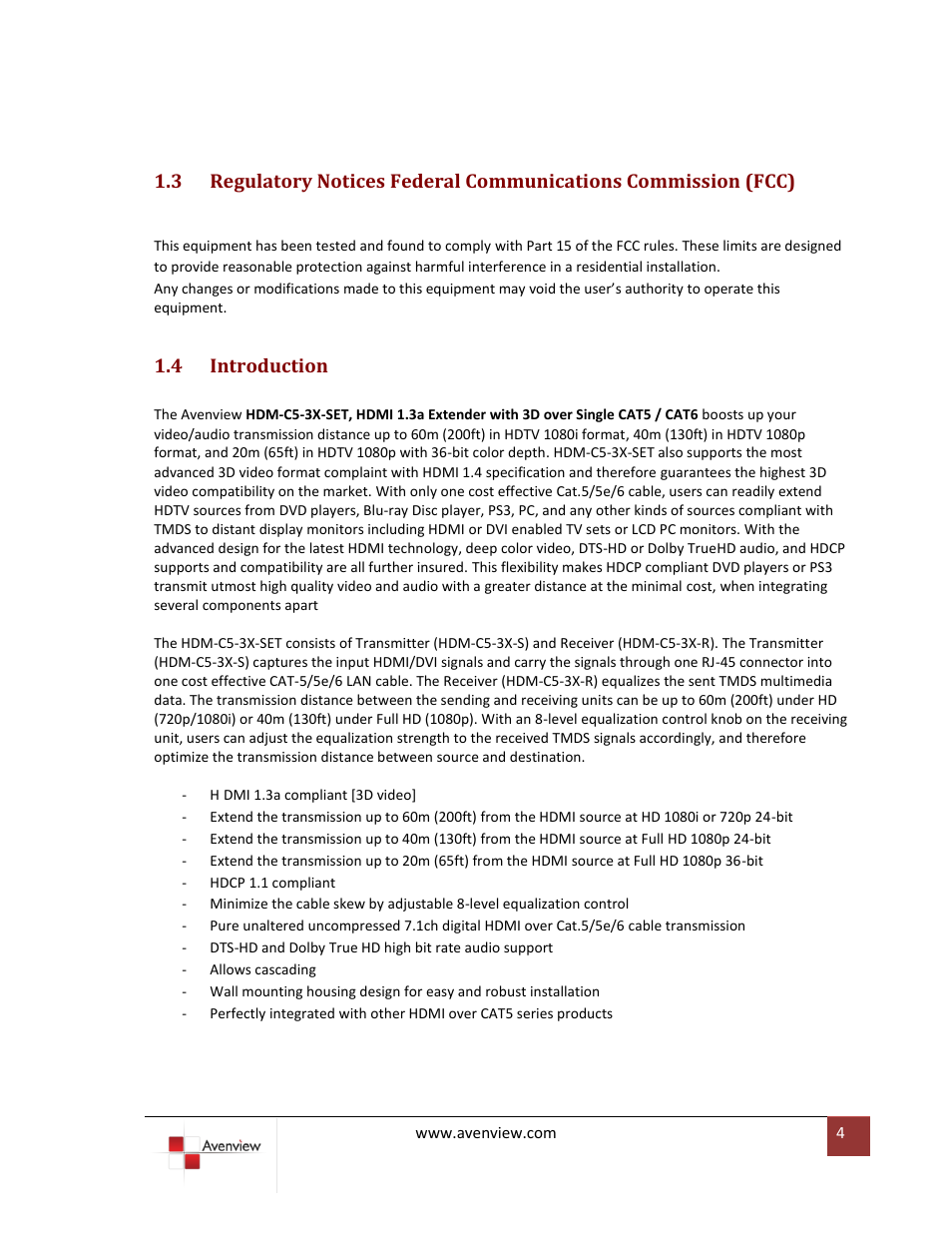 Introduction, 4 introduction | Avenview HDM-C5-3X-SET User Manual | Page 4 / 10
