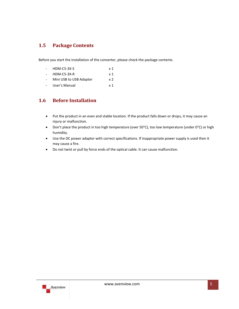 Package contents, Before installation, 5 package contents | 6 before installation | Avenview HDM-C5-3X-SET User Manual | Page 5 / 10