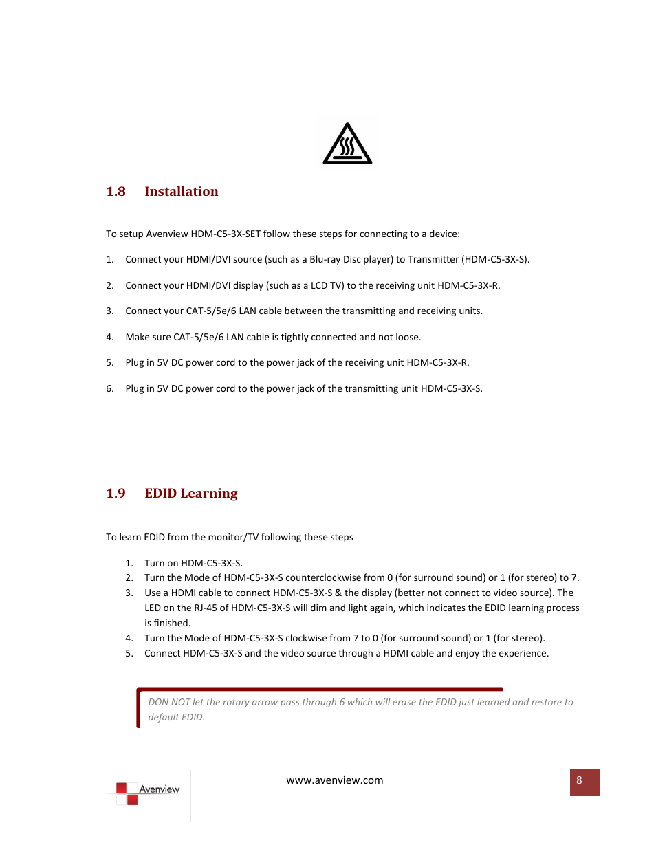 Installation, Edid learning, 8 installation | 9 edid learning | Avenview HDM-C5-3X-SET User Manual | Page 8 / 10