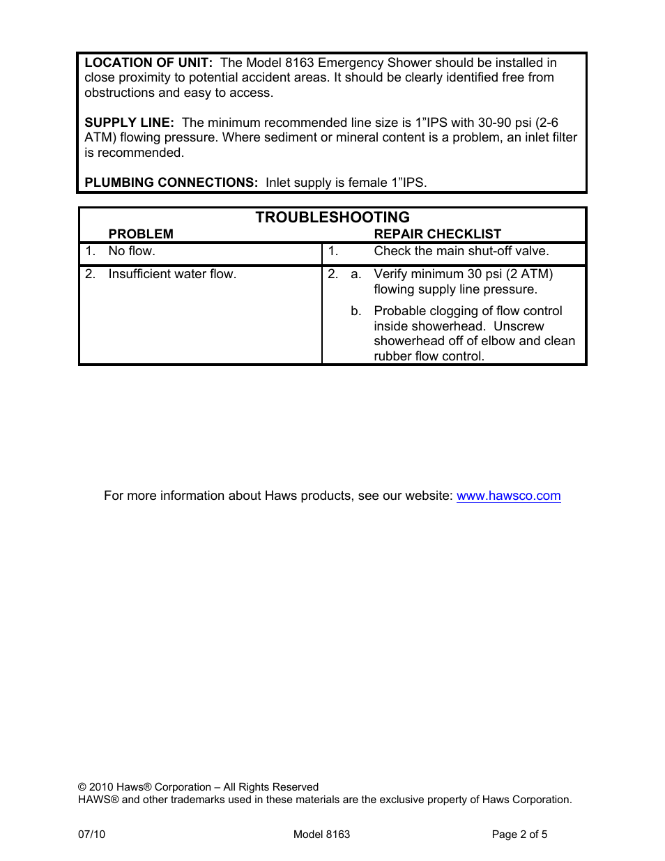 Troubleshooting | Haws 8163 User Manual | Page 2 / 5