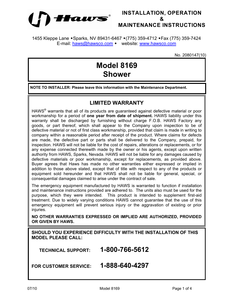 Haws 8169 User Manual | 4 pages