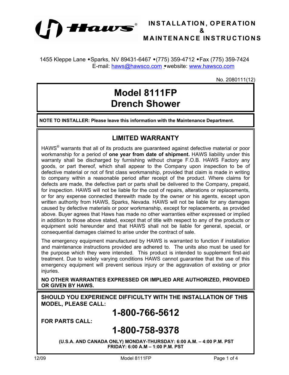 Haws 8111FP User Manual | 4 pages