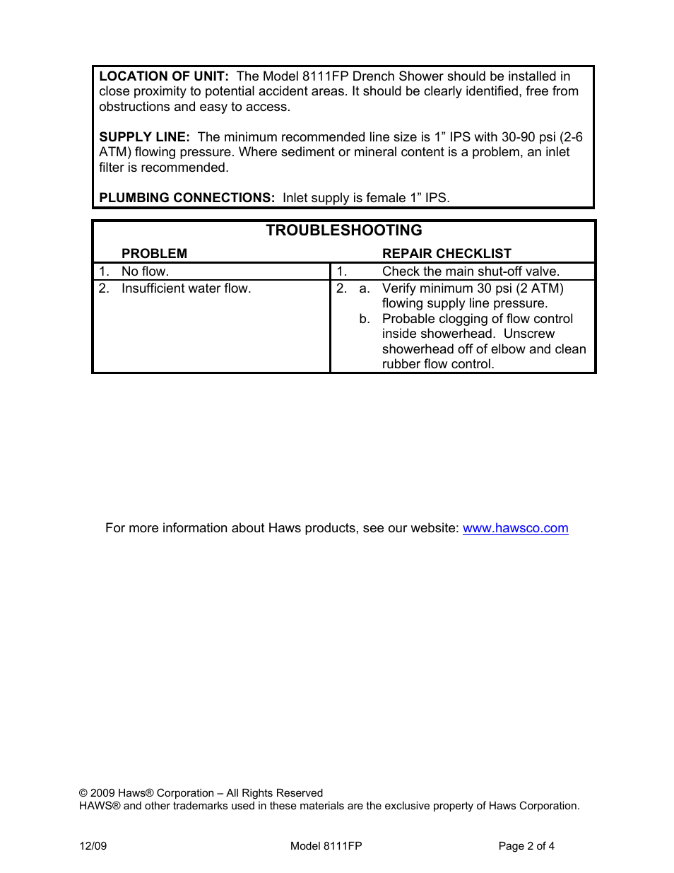 Troubleshooting | Haws 8111FP User Manual | Page 2 / 4