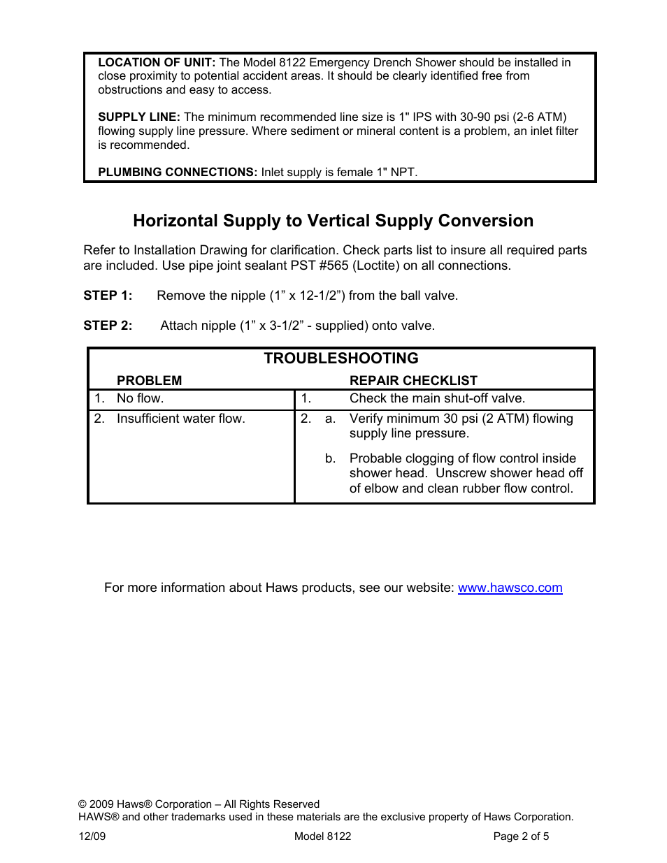 Horizontal supply to vertical supply conversion, Troubleshooting | Haws 8122 User Manual | Page 2 / 5