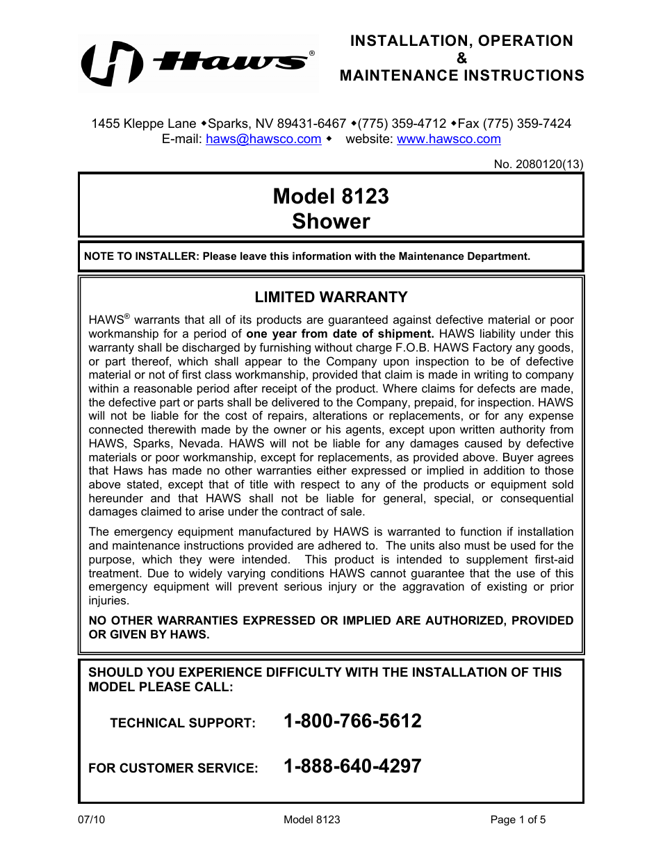 Haws 8123 User Manual | 5 pages