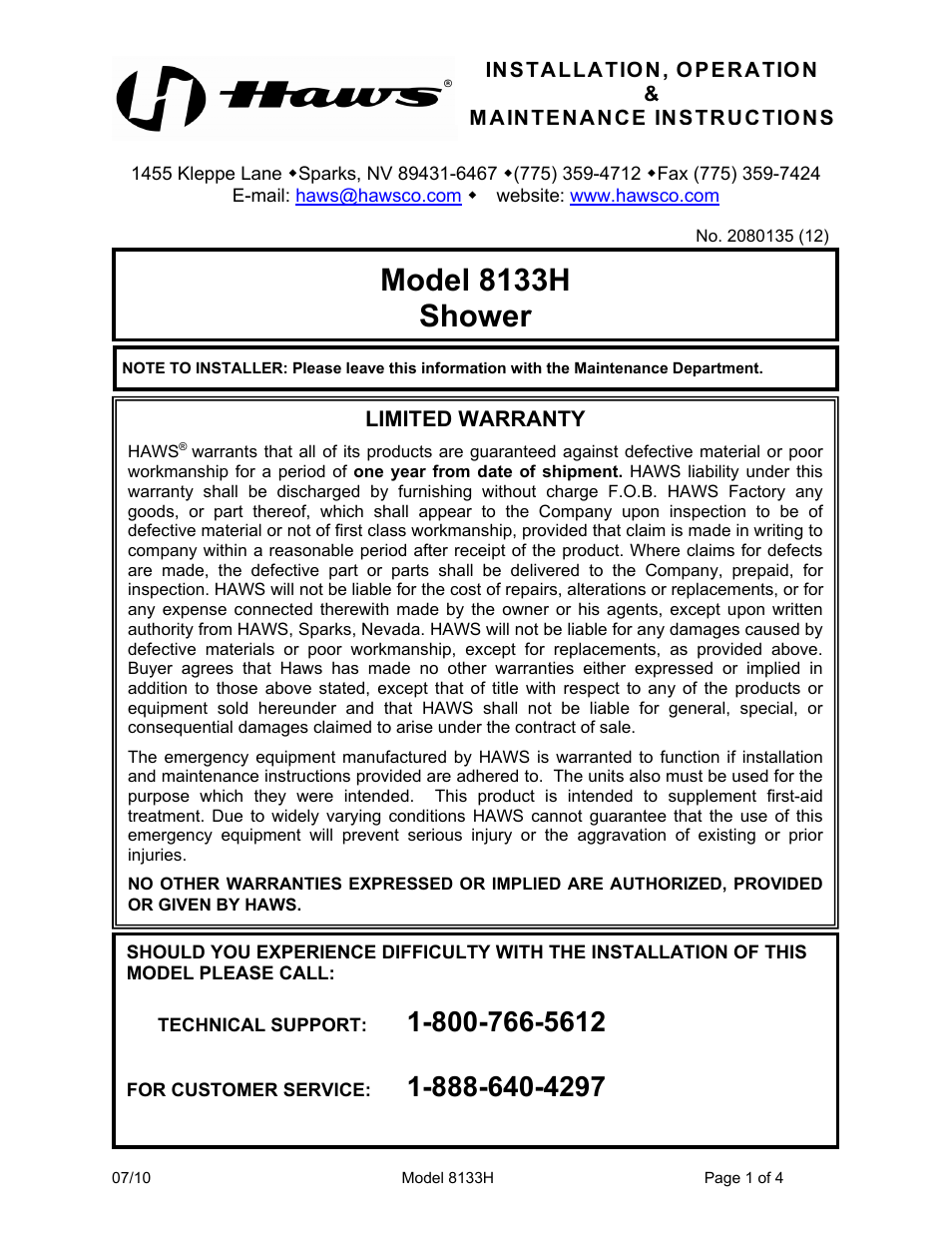 Haws 8133H User Manual | 4 pages