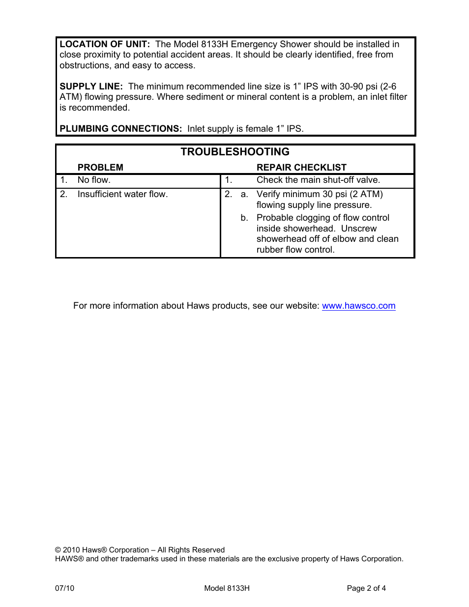 Troubleshooting | Haws 8133H User Manual | Page 2 / 4