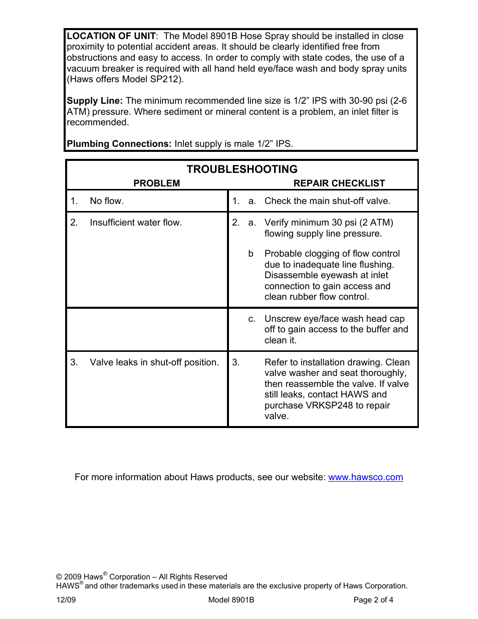 Troubleshooting | Haws 8901B User Manual | Page 2 / 4