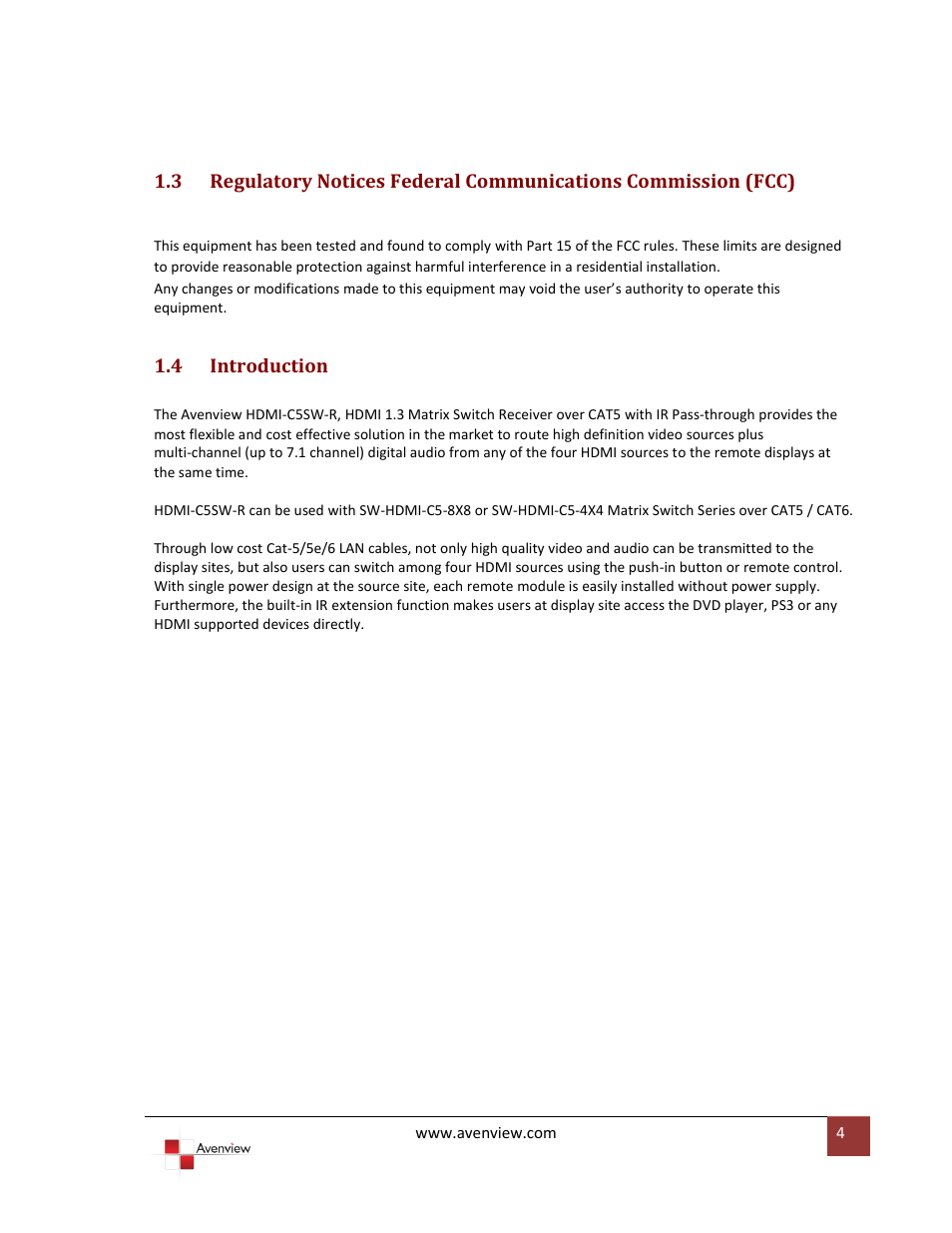 Introduction | Avenview HDMI-C5SW-R User Manual | Page 4 / 11