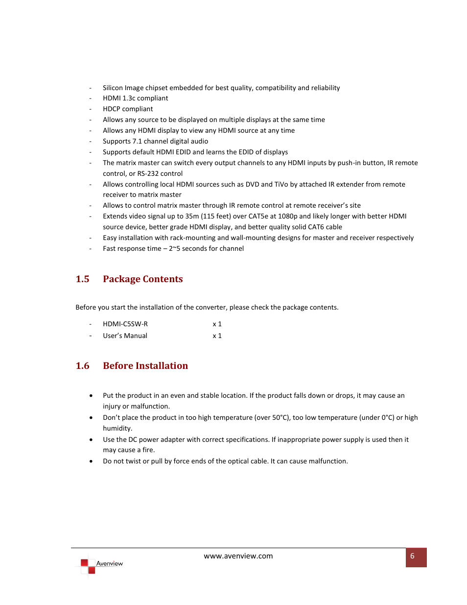 Package contents, Before installation, 5 package contents | 6 before installation | Avenview HDMI-C5SW-R User Manual | Page 6 / 11