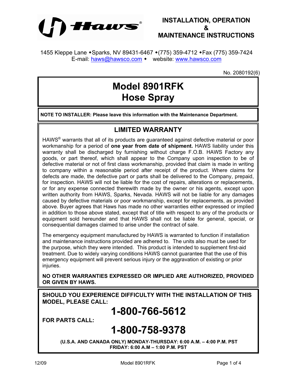Haws 8901RFK User Manual | 4 pages