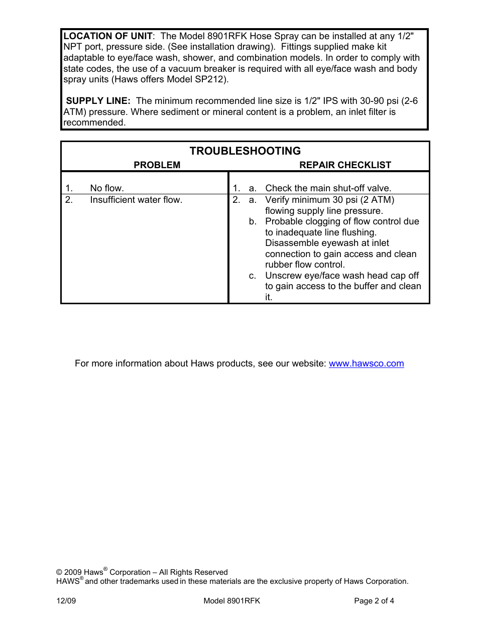 Troubleshooting | Haws 8901RFK User Manual | Page 2 / 4