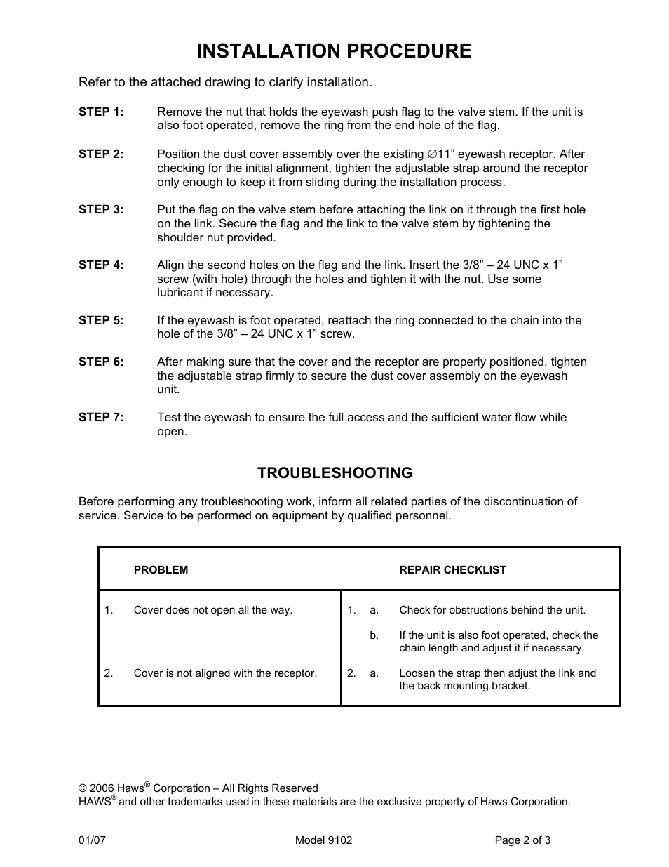 Installation procedure, Troubleshooting | Haws 9102 User Manual | Page 2 / 3