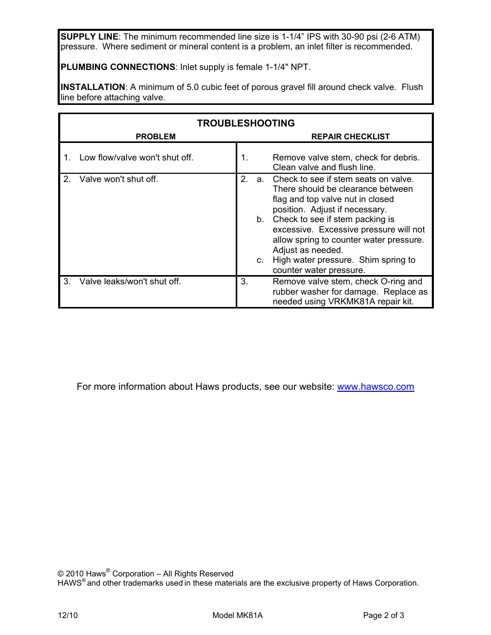 Haws MK81A User Manual | Page 2 / 3