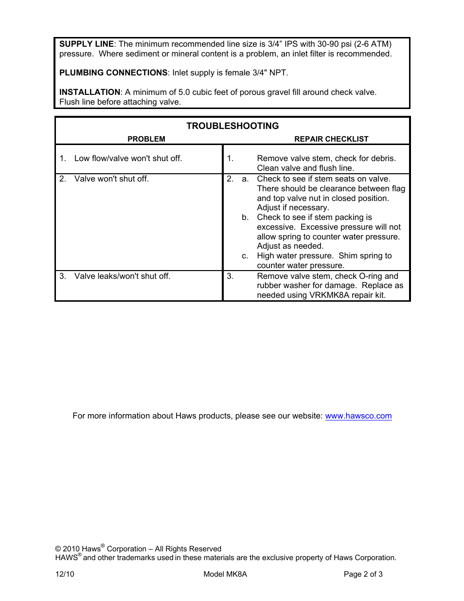 Haws MK8A User Manual | Page 2 / 3