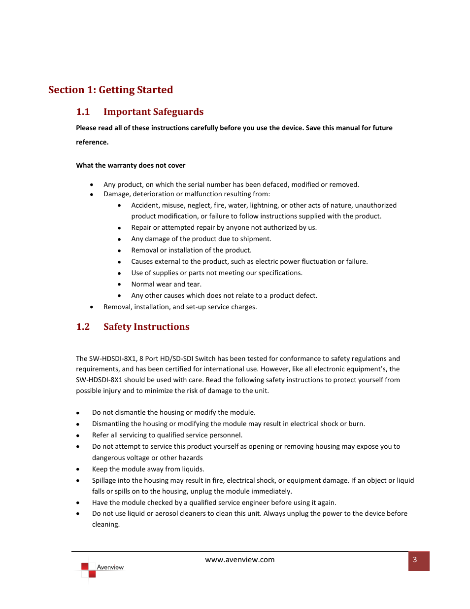 Section 1: getting started, Important safeguards, Safety instructions | 1 important safeguards, 2 safety instructions | Avenview SW-HDSDI-8X1 User Manual | Page 3 / 9