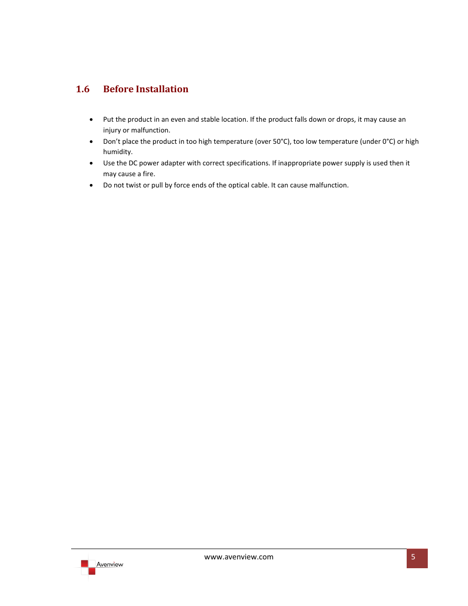 Before installation, 6 before installation | Avenview SW-HDSDI-8X1 User Manual | Page 5 / 9