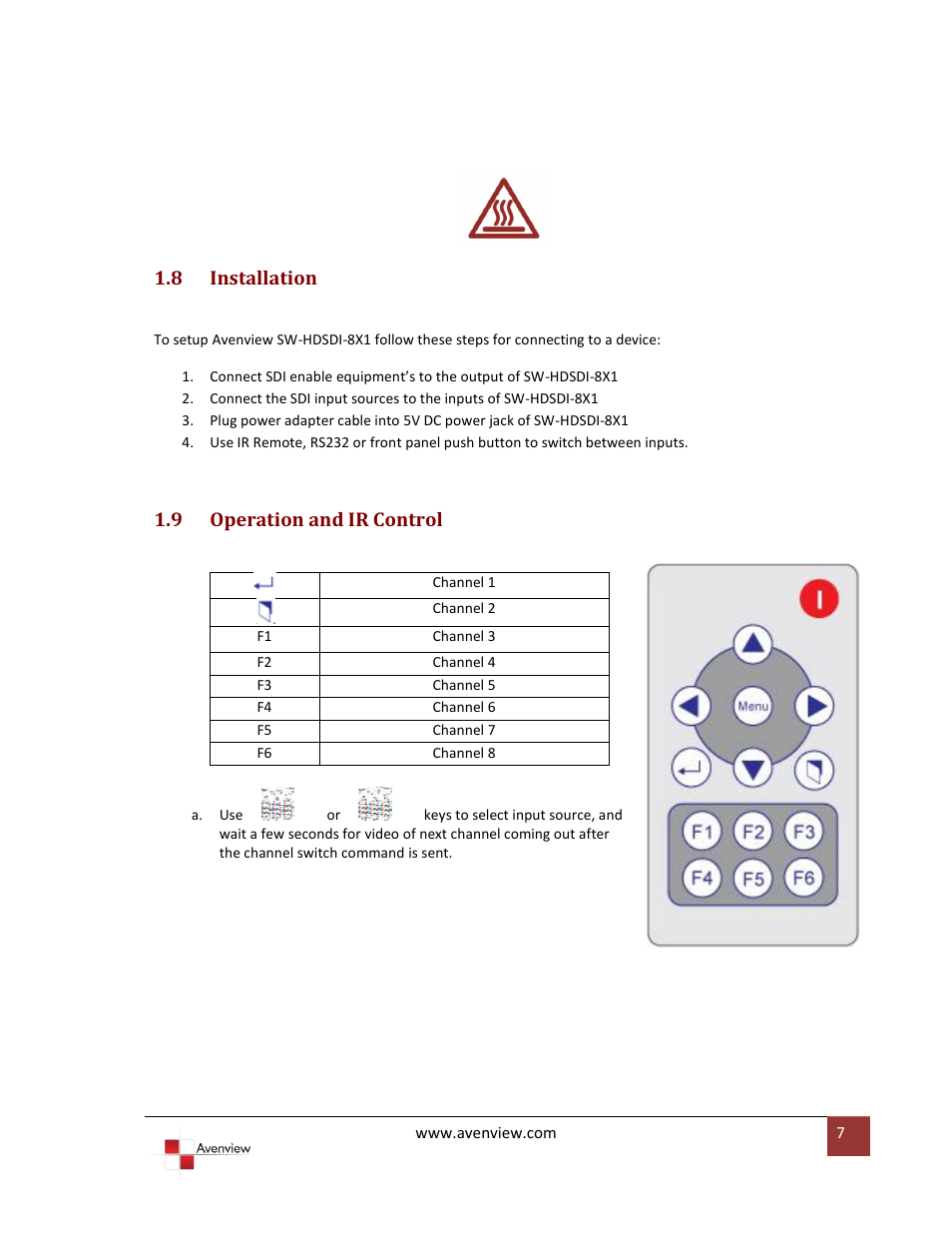 Installation, Operation and ir control, 8 installation | 9 operation and ir control | Avenview SW-HDSDI-8X1 User Manual | Page 7 / 9