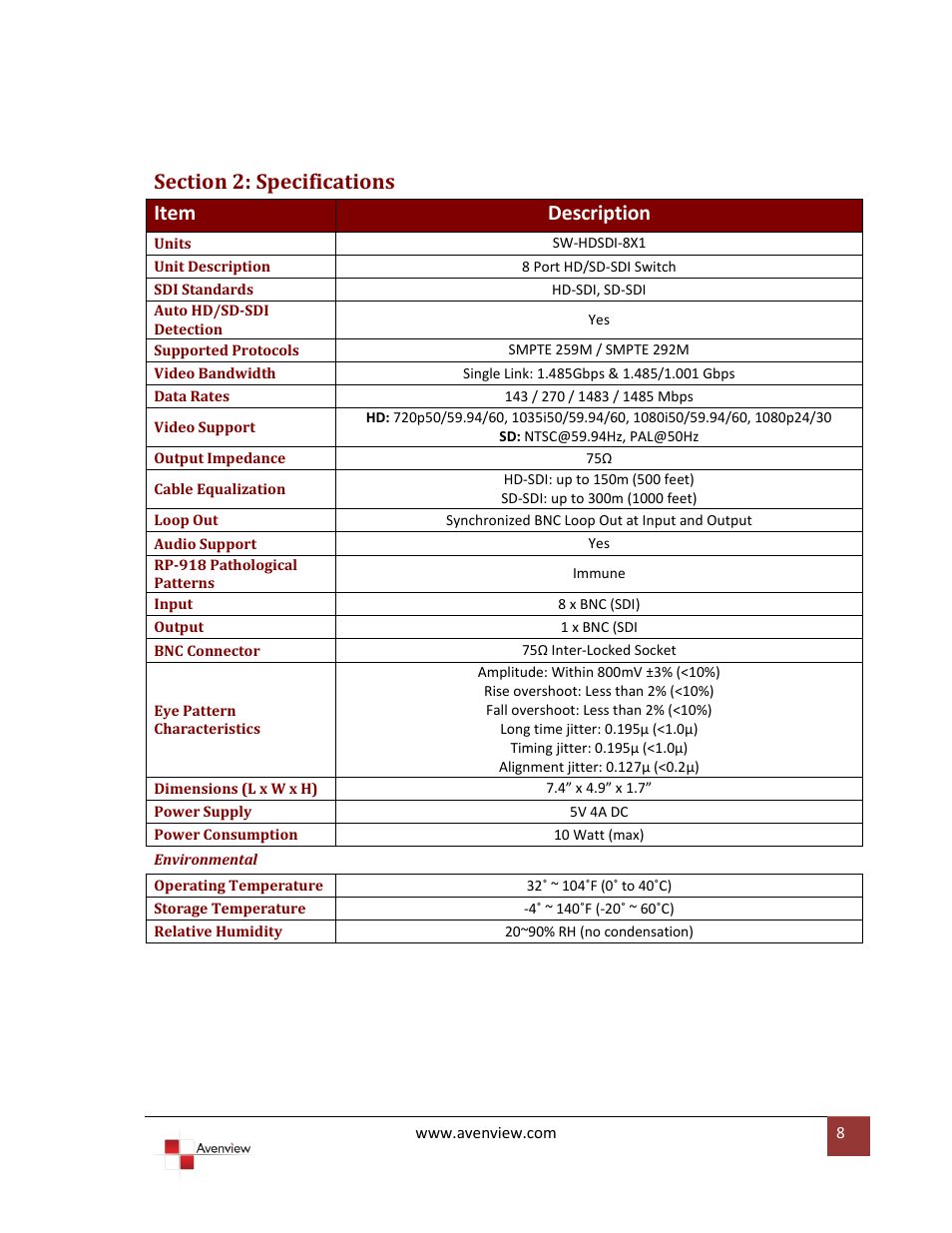 Section 2: specifications | Avenview SW-HDSDI-8X1 User Manual | Page 8 / 9